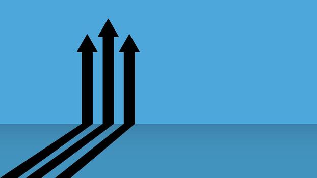 Three upward black arrows with long shadows on a blue background, symbolizing business growth and progress vector
