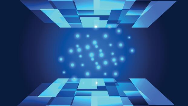 Bright blue tech background featuring glowing light particles and layered geometric shapes. Ideal for digital designs presentations banners websites and futuristic themed projects. vector