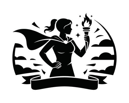 silueta de un mujer con un antorcha y capa en un gráfico diseño vector