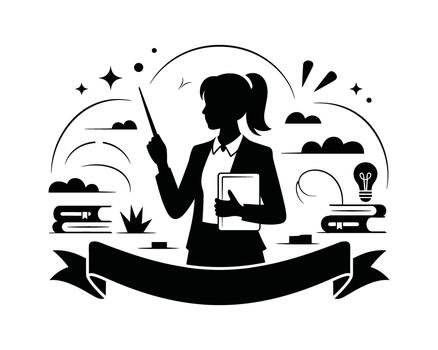 Silhouette of a teacher with pointer and book in an educational setting vector
