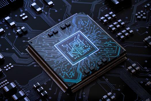 Detailed close-up view of a microchip on a circuit board showing intricate design and electronic components photo