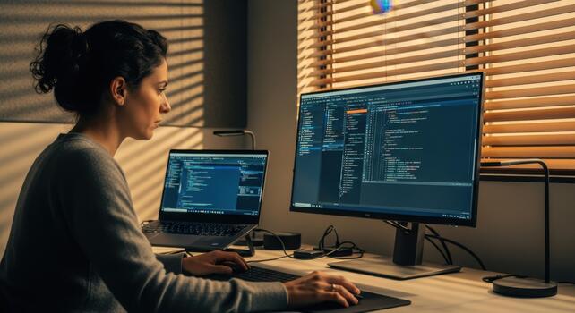 Dedicated coder working late focused on lines of code on multiple monitors photo