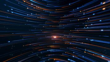 dinámica resumen digital antecedentes brillante azul y naranja ligero caminos Moviente rápidamente mediante un oscuro ciberespacio, simbolizando alta velocidad datos fluir, moderno conectividad, y futurista red video