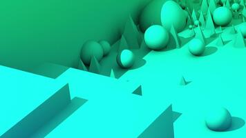 Abstract digital landscape bathed in a green to teal gradient, featuring an interplay of smooth spheres and sharp geometric peaks, creating a fluid and evolving visual experience video