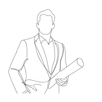 Man in suit holding rolled up blueprint in continuous line drawing style illustration vector