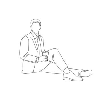 Man in suit sitting with coffee cup in continuous line drawing style drink vector