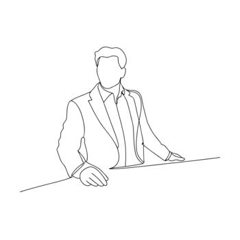 Single line drawing of a man in a suit leaning on a surface with hands one line drawing vector