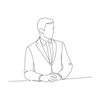 Man in suit with hands clasped on table in continuous line drawing style sitting vector