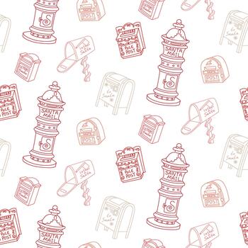 Christmas pattern with flat outline depicting Santa Claus mailboxes. texture in form of red scribbles is perfect for wrapping paper, seasonal textile prints, digital paper, festive surface decoration vector