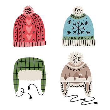 conjunto de brillantemente de colores de punto invierno sombreros con varios patrones. un rojo sombrero con corazones, un azul sombrero con un copo de nieve, verde tartán trampero sombrero, y un beige trampero sombrero con un montaña modelo vector