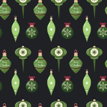 Seamless pattern of green Christmas ornaments with snowflakes, stars, and festive text on a dark background vector