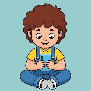Happy little boy enjoying screen time, engaging with a smartphone, illustrating childhood technology use and digital learning in a fun and relatable way for various projects vector