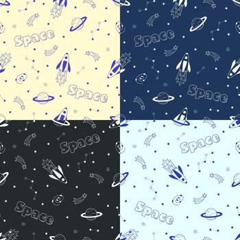 Set of seamless pattern of space elements rocket cosmonaut stars satellite telescope comet. Cosmic background. illustration for packaging, textiles. vector