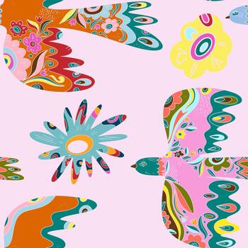 un vistoso modelo de aves y flores en un rosado antecedentes vector