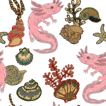 a pattern with various sea creatures and shells vector