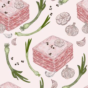 a seamless pattern with meat and vegetables vector