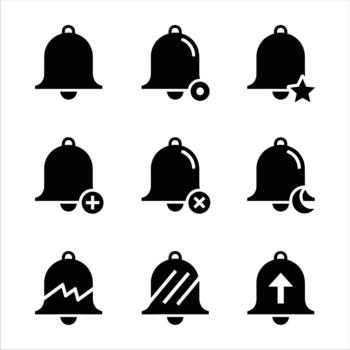 Collection of various notification bell icons in different styles and designs. vector
