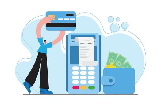 Flat illustration of card payment using POS terminal with digital receipt and wallet icons. Suitable for fintech, retail checkout, secure payment, credit card use, and digital financial operations. vector