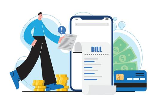 Digital bill payment illustration showing a person reviewing invoices through a mobile app, surrounded by coins, bills, and a credit card, representing online finance and modern financial management. vector