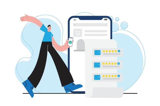 Illustration of a person using a smartphone to view multiple digital wallet options for online shopping payments, representing secure transactions, e-commerce, and mobile financial technology. vector