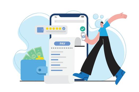 Illustration of a person paying bills using a mobile banking app with digital receipts, money wallet, and confirmation icons, representing secure online financial transactions and e-payment solutions vector