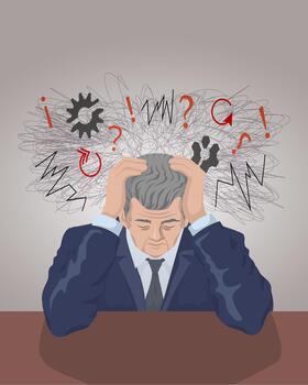 handsome middle-aged man in a suit sits at a table, full-face, clutching his head in his hands, with a metaphorical mass of problems and unresolved issues above him. Flat with shadow vector