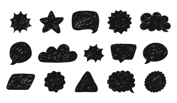 Black and white speech bubbles and shapes hand drawn with marker or felt tip pen. Communication frames and borders with scratched grunge texture. elements for text, stickers, and backgrounds. vector