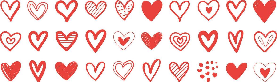 Collection of red hand drawn hearts with various patterns vector