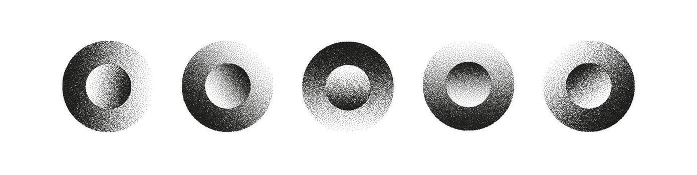 Set of grainy stipple circle shapes with halftone texture. Abstract round elements for design, backgrounds, gradients, retro patterns, and minimal graphic compositions vector