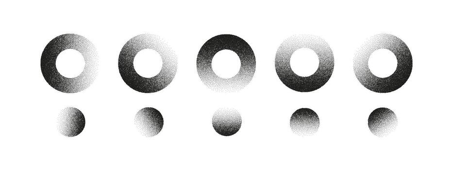 Set of grainy stipple circle shapes with halftone texture. Abstract round elements for retro design, gradients, noise effects, backgrounds, and minimal graphic compositions vector