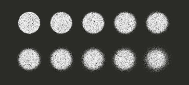 Set of grainy stipple circles with soft halftone noise and gradient fade. Abstract round textures for retro designs, shading, overlays, backgrounds and graphic effects vector