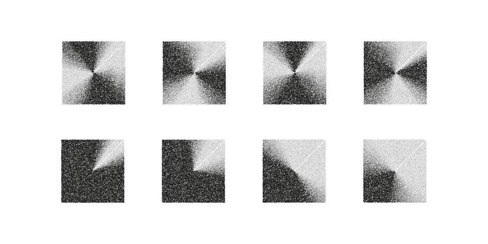 Set of square gradient grain textures with noise and stipple shadow effects. Abstract grain, noise and halftone shapes for backgrounds, retro design, dotwork elements and geometric graphic decoration vector
