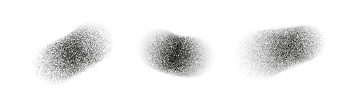 Set of grainy stipple texture spots with soft halftone noise. Abstract blurry shapes for retro designs, gradients, overlays, shading, backgrounds and minimal compositions vector