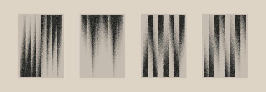 Set of grainy vertical textures with noise, halftone spray and distressed lines. Abstract grunge patterns for overlays, graphic design, retro posters and modern minimal layouts vector