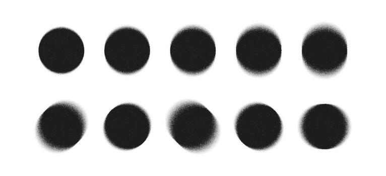 Set of grainy stipple circles with soft halftone fade and noise texture. Abstract round dots for shading, retro effects, tattoo style, airbrush designs and graphic overlays vector