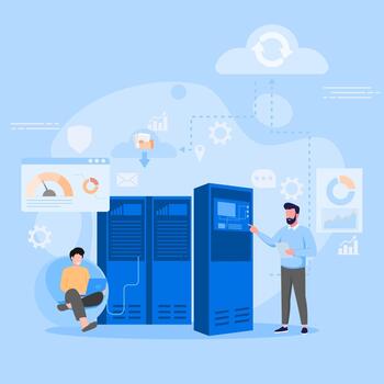 Illustration of a Technician Character Managing an Internet Data Center for Web Hosting Services vector