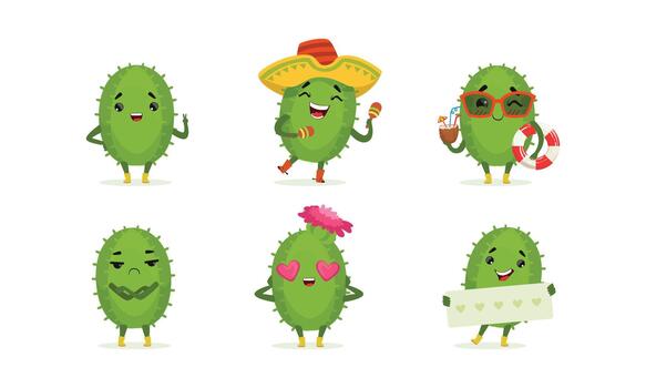 Cactus character set with different poses and expressions vector