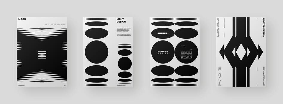 Abstract Posters Design kit. Vertical A4 format. Modern placard collection. Refraction and Distortion Glass Effect. Minimal illustration. vector