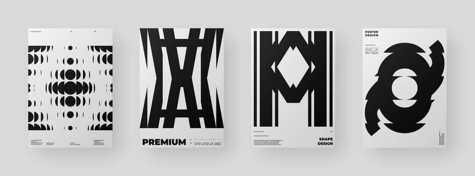 Abstract Posters Design kit. Vertical A4 format. Modern placard collection. Refraction and Distortion Glass Effect. Minimal brutalist illustration. vector