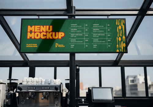 digitale menù tavola modello nel moderno bar ambientazione con caffè espresso macchina psd