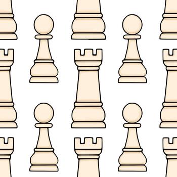 Seamless pattern of stylized light beige chess pieces, featuring pawns and rooks with thick black outlines and subtle shading, creating a clean and classic game themed background. vector