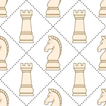 Seamless pattern featuring stylized beige chess pieces, rooks, and knights, arranged diagonally with dashed line accents on a white background. vector