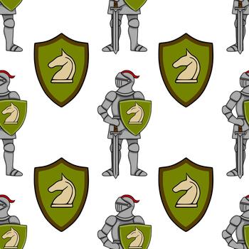 Seamless pattern featuring medieval knights in full armor holding shields with a chess knight emblem, set against a clean white background. vector