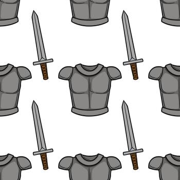 Seamless pattern of stylized medieval knights armor and swords with a clean, bold outline and subtle shading, ideal for historical themes and game assets. vector