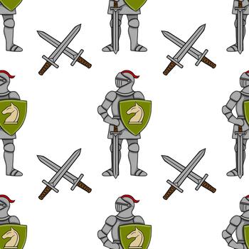 Seamless pattern of medieval knights in full armor with shields featuring a horse emblem and crossed swords, set against a clean white background. vector