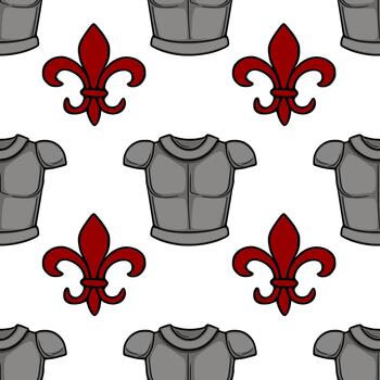 Seamless pattern featuring medieval knights armor and red fleur de lis emblems on a white background. vector