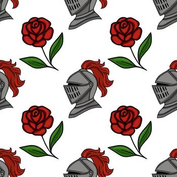 Seamless pattern featuring a medieval knights helmet with a red plume and a vibrant red rose with green leaves, set against a clean white background. vector