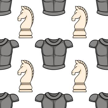 Seamless pattern featuring stylized chess knights and armor elements in a flat, graphic style. vector