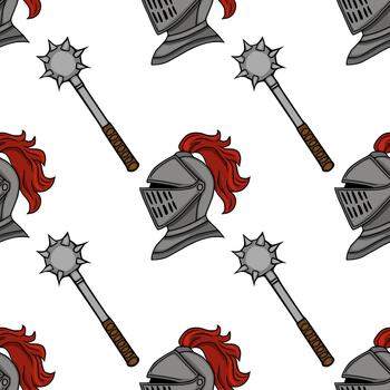 un sin costura modelo presentando medieval Caballero cascos con rojo plumas y claveteado mazas, prestados en un gráfico, ilustrativo estilo. vector