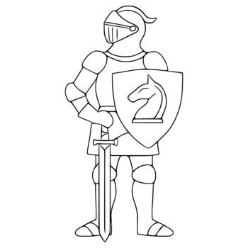 Stylized illustration of a medieval knight in full armor holding a sword and shield with a chess knight emblem. vector